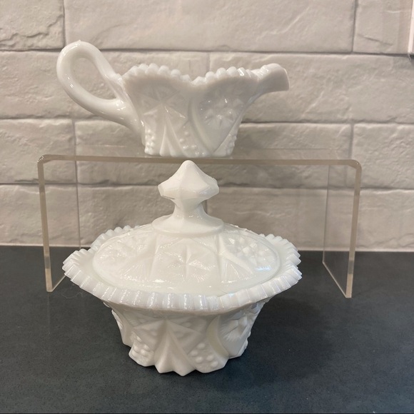 Vintage Kemple milk glass set sugar creamer cut glass set - Picture 1 of 14